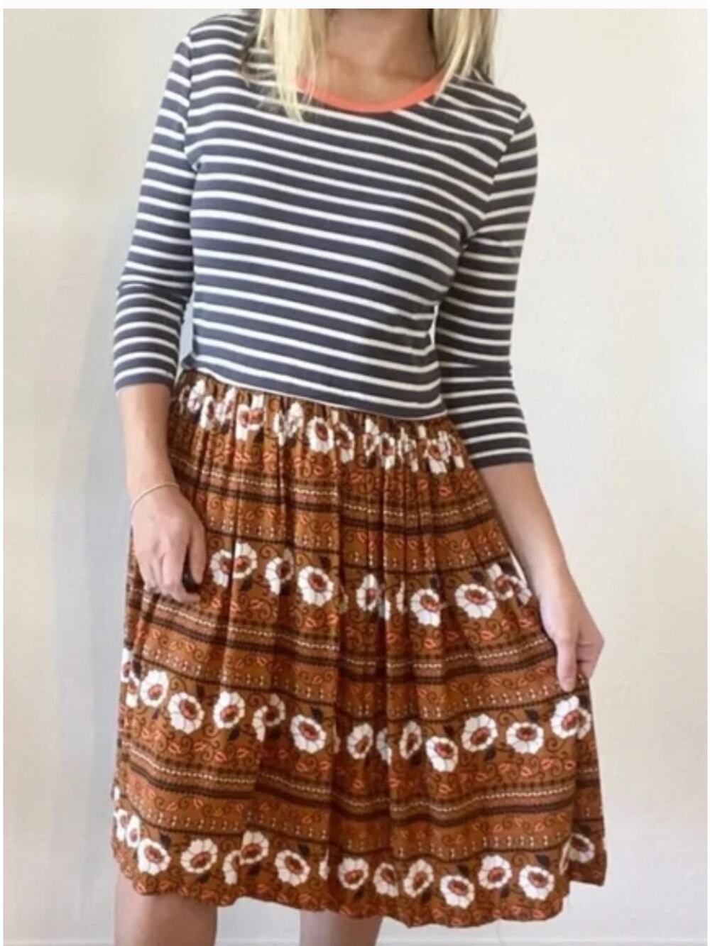 Matilda Jane Womens Winsome Dress Navy White Orange Floral Stripe SMALL